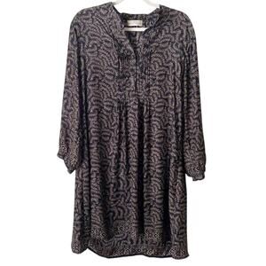 Natalie Martin | 100% Silk Printed Mini Shift Dress Long Sleeves Black Brown L